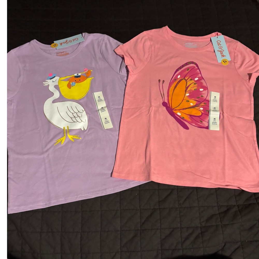 Cat & Jack Girls 2 Pack Graphic T-Shirts Purple Pelican Pink Butterfly Size M 8